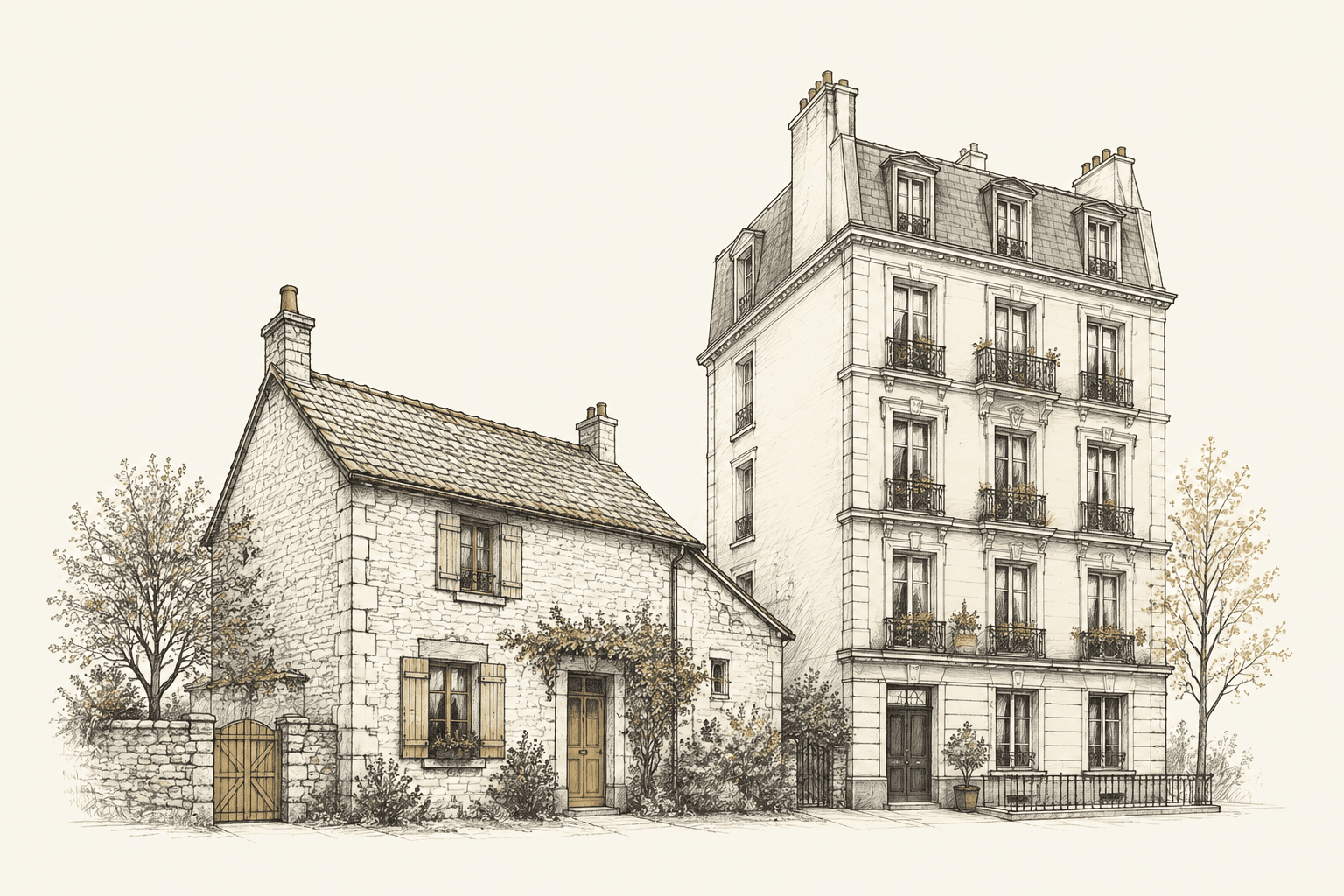 Illustration au trait d’une maison et d’un immeuble français